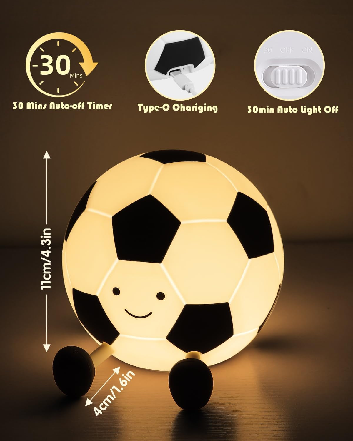 Soccer Night Light for Boys Light up Football Lamp Dimmable Rechargeable Silicone Night Light Home Decor Birthday Christmas Gifts for Kids